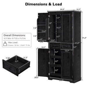English Elm K&k Tall Farmhouse Pantry Cabinet with Pull Out Organizers and Six Door Shelves Black N707S256507B