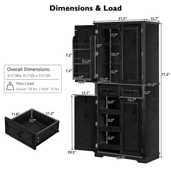 English Elm K&k Tall Farmhouse Pantry Cabinet with Pull Out Organizers and Six Door Shelves Black N707S256507B