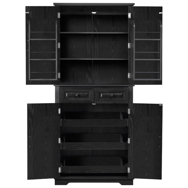 English Elm K&k Tall Farmhouse Pantry Cabinet with Pull Out Organizers and Six Door Shelves Black N707S256507B