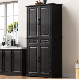 English Elm K&k Tall Farmhouse Pantry Cabinet with Pull Out Organizers and Six Door Shelves Black N707S256507B