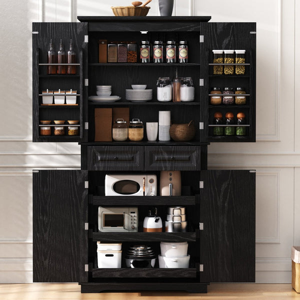 English Elm K&k Tall Farmhouse Pantry Cabinet with Pull Out Organizers and Six Door Shelves Black N707S256507B