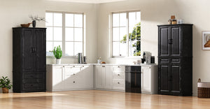 English Elm K&k Tall Farmhouse Pantry Cabinet with Pull Out Organizers and Six Door Shelves Black N707S256507B