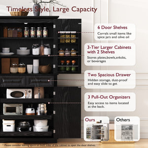 English Elm K&k Tall Farmhouse Pantry Cabinet with Pull Out Organizers and Six Door Shelves Black N707S256507B