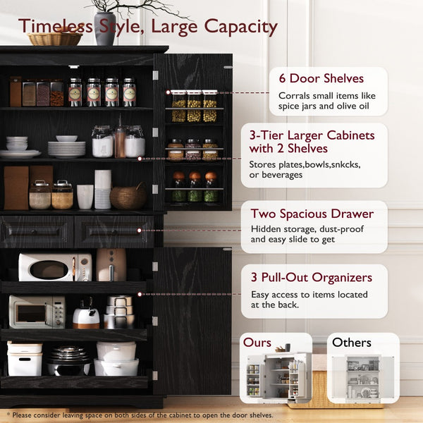 English Elm K&k Tall Farmhouse Pantry Cabinet with Pull Out Organizers and Six Door Shelves Black N707S256507B