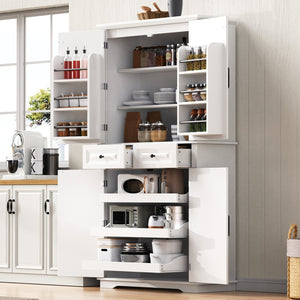 English Elm K&k Tall Farmhouse Pantry Cabinet with Pull Out Organizers and Six Door Shelves White N707S256507W