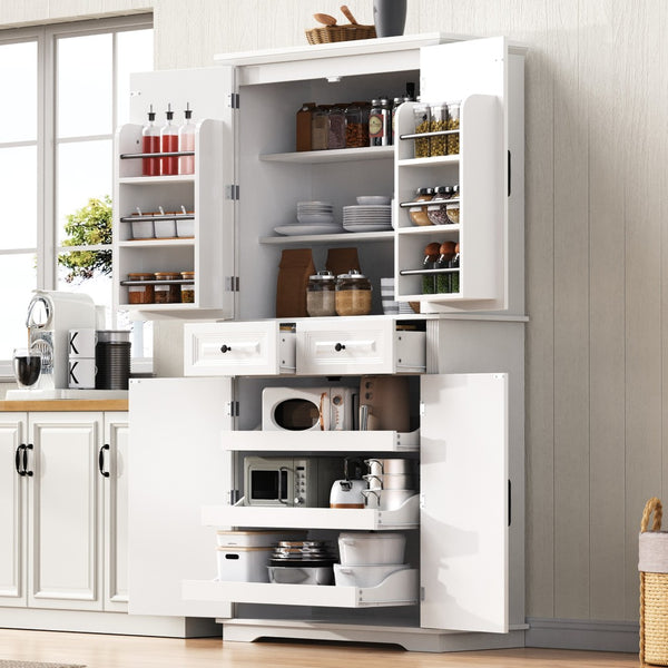 English Elm K&k Tall Farmhouse Pantry Cabinet with Pull Out Organizers and Six Door Shelves White N707S256507W
