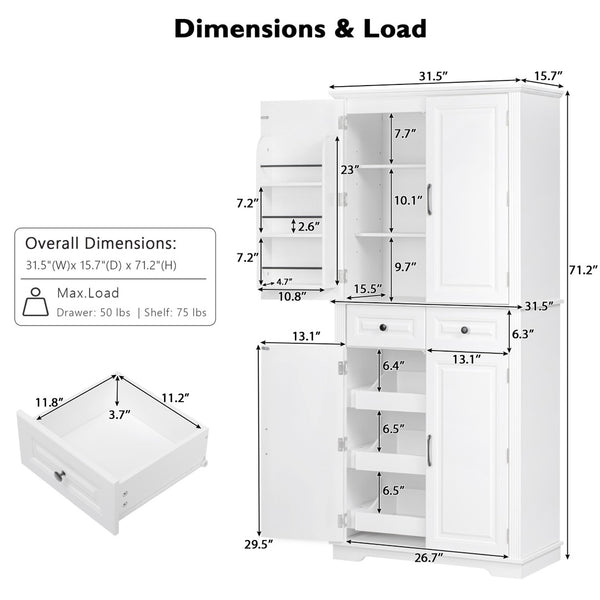 English Elm K&k Tall Farmhouse Pantry Cabinet with Pull Out Organizers and Six Door Shelves White N707S256507W