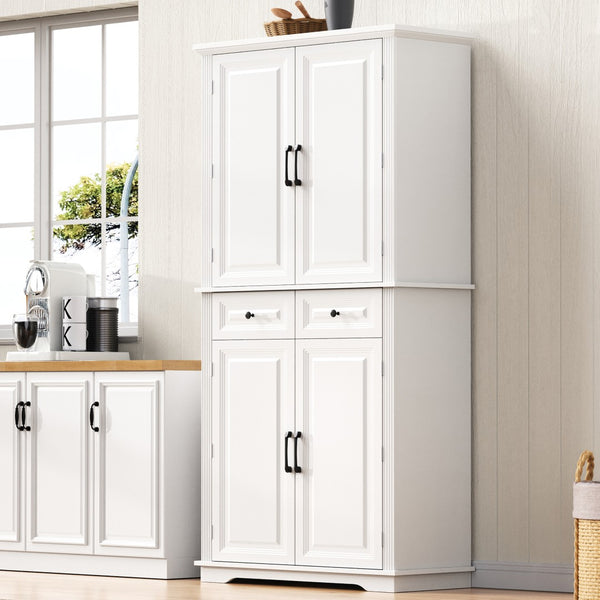 English Elm K&k Tall Farmhouse Pantry Cabinet with Pull Out Organizers and Six Door Shelves White N707S256507W
