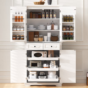 English Elm K&k Tall Farmhouse Pantry Cabinet with Pull Out Organizers and Six Door Shelves White N707S256507W