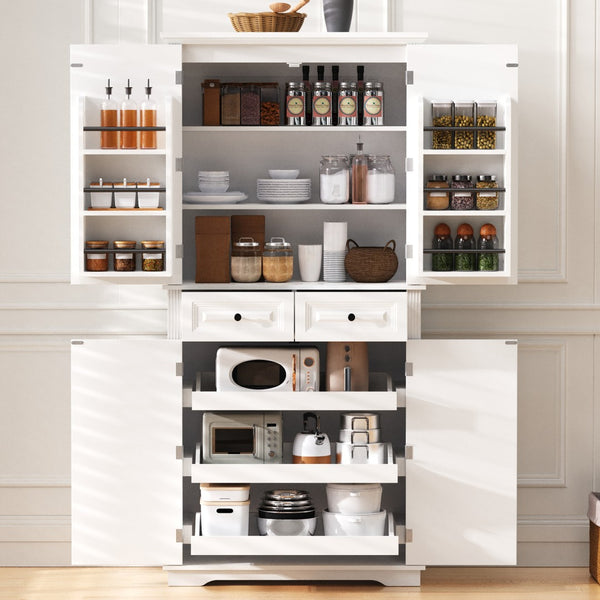 English Elm K&k Tall Farmhouse Pantry Cabinet with Pull Out Organizers and Six Door Shelves White N707S256507W