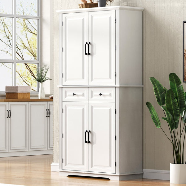 English Elm K&k Tall Farmhouse Pantry Cabinet with Pull Out Organizers and Six Door Shelves White N707S256507W