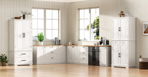 English Elm K&k Tall Farmhouse Pantry Cabinet with Pull Out Organizers and Six Door Shelves White N707S256507W