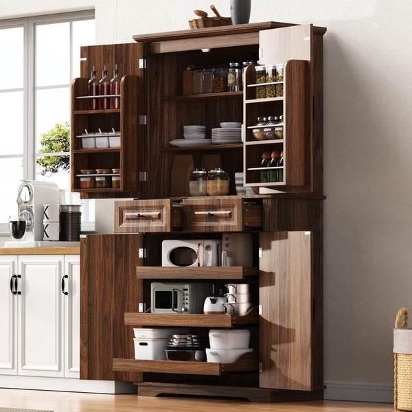 English Elm K&k Tall Farmhouse Pantry Cabinet with Pull Out Organizers and Six Door Shelves Brown N707S256507Z
