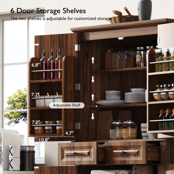 English Elm K&k Tall Farmhouse Pantry Cabinet with Pull Out Organizers and Six Door Shelves Brown N707S256507Z