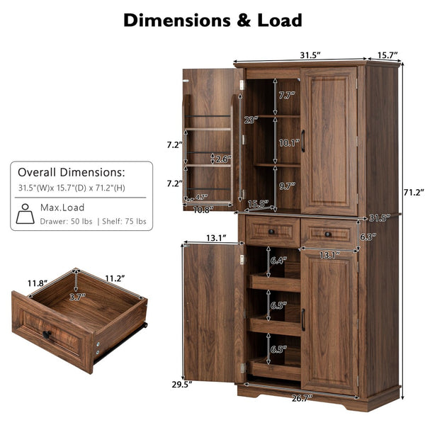 English Elm K&k Tall Farmhouse Pantry Cabinet with Pull Out Organizers and Six Door Shelves Brown N707S256507Z