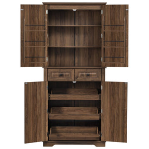 English Elm K&k Tall Farmhouse Pantry Cabinet with Pull Out Organizers and Six Door Shelves Brown N707S256507Z