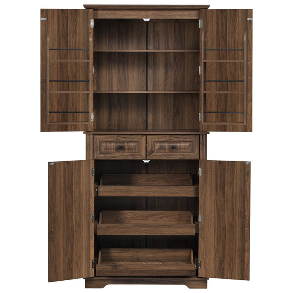 English Elm K&k Tall Farmhouse Pantry Cabinet with Pull Out Organizers and Six Door Shelves Brown N707S256507Z