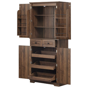 English Elm K&k Tall Farmhouse Pantry Cabinet with Pull Out Organizers and Six Door Shelves Brown N707S256507Z