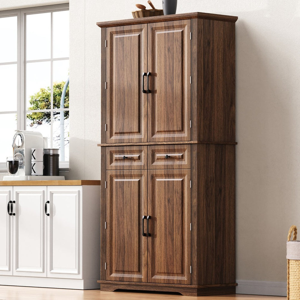 English Elm K&k Tall Farmhouse Pantry Cabinet with Pull Out Organizers and Six Door Shelves Brown N707S256507Z