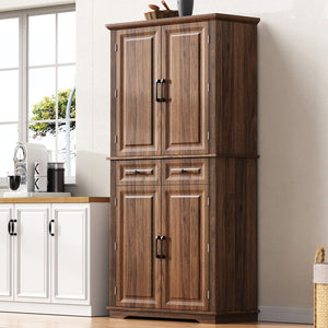 English Elm K&k Tall Farmhouse Pantry Cabinet with Pull Out Organizers and Six Door Shelves Brown N707S256507Z