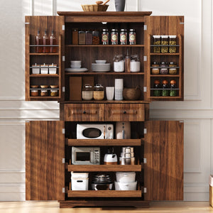 English Elm K&k Tall Farmhouse Pantry Cabinet with Pull Out Organizers and Six Door Shelves Brown N707S256507Z