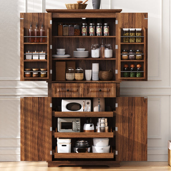 English Elm K&k Tall Farmhouse Pantry Cabinet with Pull Out Organizers and Six Door Shelves Brown N707S256507Z