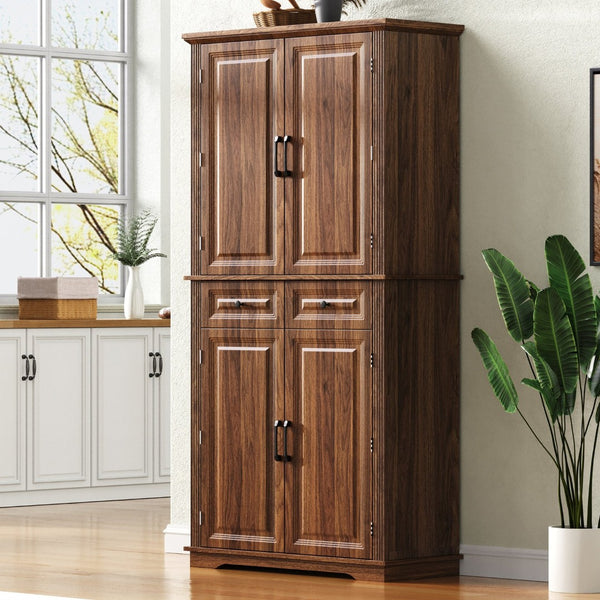English Elm K&k Tall Farmhouse Pantry Cabinet with Pull Out Organizers and Six Door Shelves Brown N707S256507Z