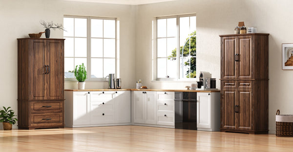 English Elm K&k Tall Farmhouse Pantry Cabinet with Pull Out Organizers and Six Door Shelves Brown N707S256507Z