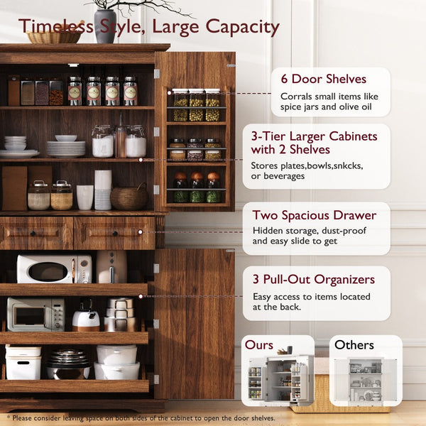 English Elm K&k Tall Farmhouse Pantry Cabinet with Pull Out Organizers and Six Door Shelves Brown N707S256507Z