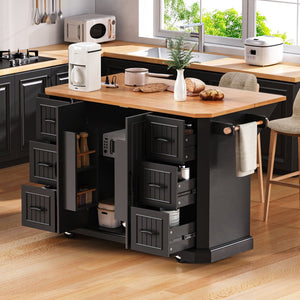 English Elm K&k Farmhouse Rolling Kitchen Island with Six Drawers Power Outlet and Drop Leaf Black N707S266184B