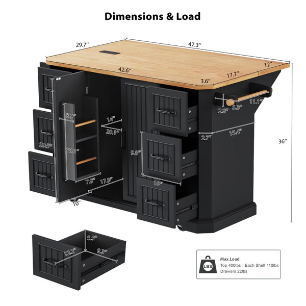 English Elm K&k Farmhouse Rolling Kitchen Island with Six Drawers Power Outlet and Drop Leaf Black N707S266184B