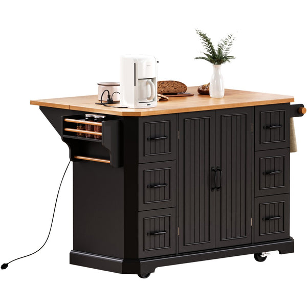 English Elm K&k Farmhouse Rolling Kitchen Island with Six Drawers Power Outlet and Drop Leaf Black N707S266184B