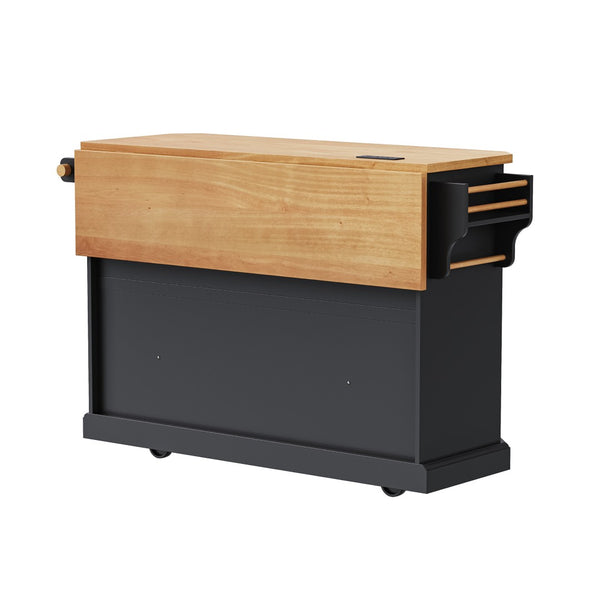 English Elm K&k Farmhouse Rolling Kitchen Island with Six Drawers Power Outlet and Drop Leaf Black N707S266184B