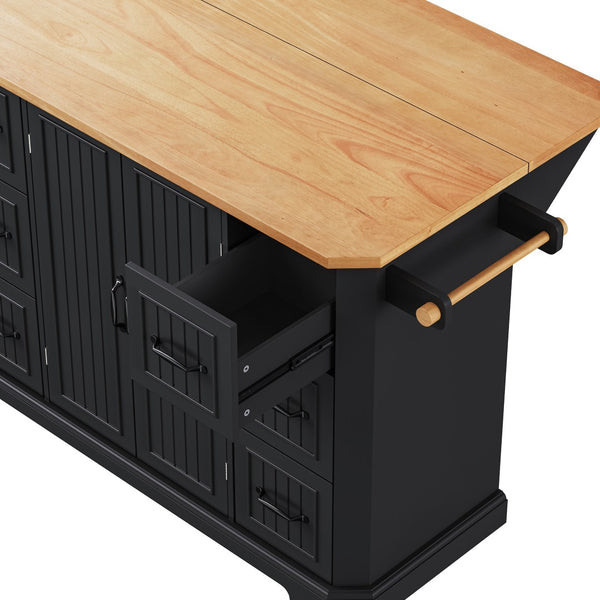 English Elm K&k Farmhouse Rolling Kitchen Island with Six Drawers Power Outlet and Drop Leaf Black N707S266184B