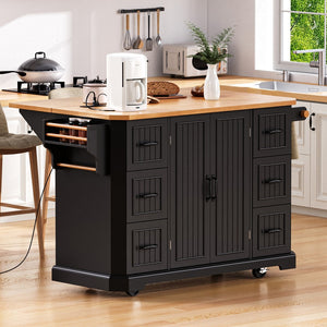 English Elm K&k Farmhouse Rolling Kitchen Island with Six Drawers Power Outlet and Drop Leaf Black N707S266184B