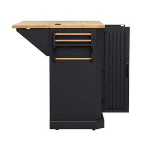 English Elm K&k Farmhouse Rolling Kitchen Island with Six Drawers Power Outlet and Drop Leaf Black N707S266184B