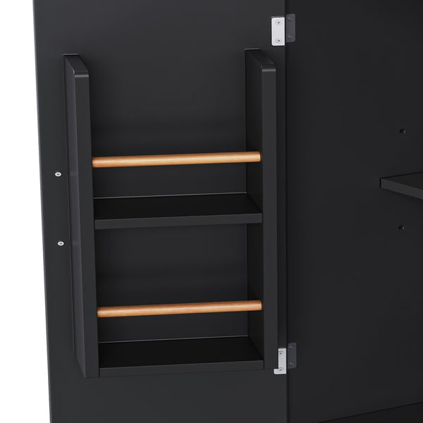 English Elm K&k Farmhouse Rolling Kitchen Island with Six Drawers Power Outlet and Drop Leaf Black N707S266184B