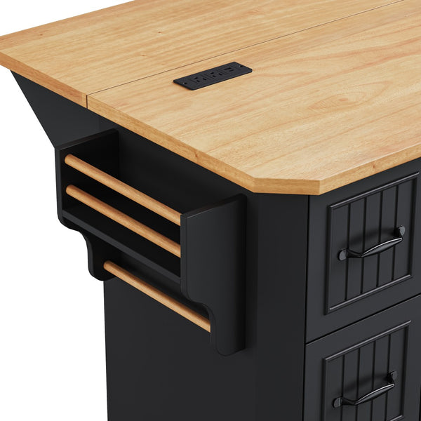 English Elm K&k Farmhouse Rolling Kitchen Island with Six Drawers Power Outlet and Drop Leaf Black N707S266184B