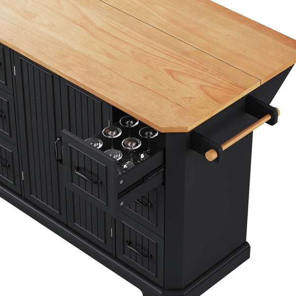 English Elm K&k Farmhouse Rolling Kitchen Island with Six Drawers Power Outlet and Drop Leaf Black N707S266184B