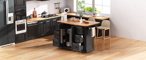 English Elm K&k Farmhouse Rolling Kitchen Island with Six Drawers Power Outlet and Drop Leaf Black N707S266184B