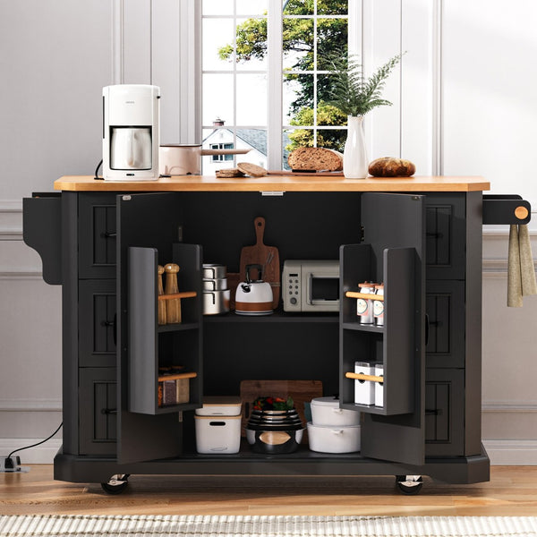 English Elm K&k Farmhouse Rolling Kitchen Island with Six Drawers Power Outlet and Drop Leaf Black N707S266184B