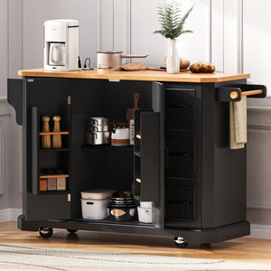 English Elm K&k Farmhouse Rolling Kitchen Island with Six Drawers Power Outlet and Drop Leaf Black N707S266184B