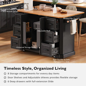 English Elm K&k Farmhouse Rolling Kitchen Island with Six Drawers Power Outlet and Drop Leaf Black N707S266184B