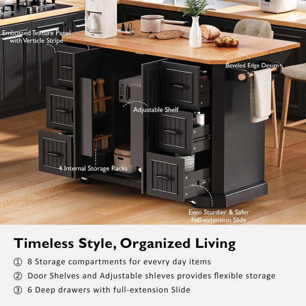 English Elm K&k Farmhouse Rolling Kitchen Island with Six Drawers Power Outlet and Drop Leaf Black N707S266184B