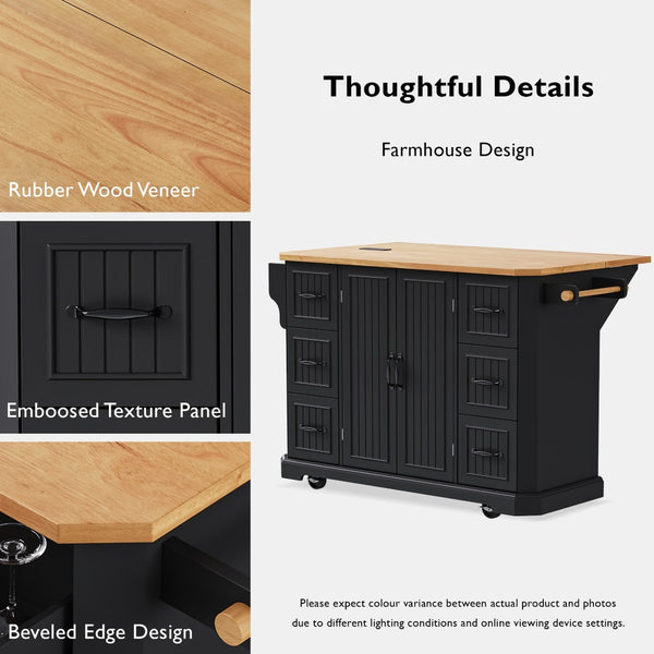 English Elm K&k Farmhouse Rolling Kitchen Island with Six Drawers Power Outlet and Drop Leaf Black N707S266184B
