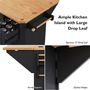 English Elm K&k Farmhouse Rolling Kitchen Island with Six Drawers Power Outlet and Drop Leaf Black N707S266184B