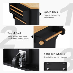 English Elm K&k Farmhouse Rolling Kitchen Island with Six Drawers Power Outlet and Drop Leaf Black N707S266184B
