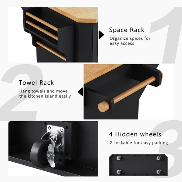 English Elm K&k Farmhouse Rolling Kitchen Island with Six Drawers Power Outlet and Drop Leaf Black N707S266184B