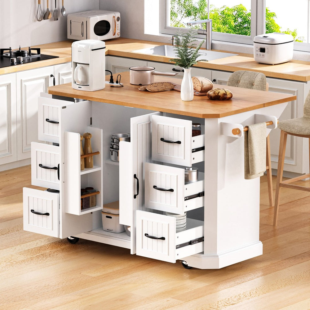 English Elm K&k Farmhouse Rolling Kitchen Island with Six Drawers Power Outlet and Drop Leaf White N707S266184W