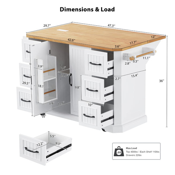 English Elm K&k Farmhouse Rolling Kitchen Island with Six Drawers Power Outlet and Drop Leaf White N707S266184W